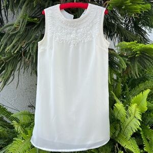White Floral Embroidered Neckline Mini Shift Dress | Sleeveless & Silky | Small